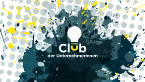 Club der Unternehmerinnen Wort-Bild-Marke auf einen grafischen grau-blau-gelben Punkt- und Flächenmuster