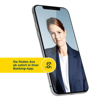 Portrait einer Frau auf dem Screen eines Handys, die die virtuelle Assistentin Ava darstellen soll.