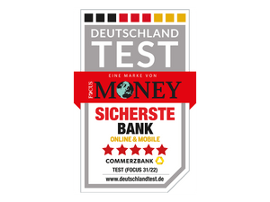 Das gezeigte Siegel von Focus Money zeichnet die Commerzbank als die sicherste Bank mit Online- und Mobile-Banking aus.