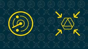 Background in petrol. In the foreground two yellow icons. A radar that scans the surroundings, and the Commerzbank logo, to which 4 arrows point.