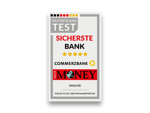 Das gezeigte Siegel von Focus Money zeichnet die Commerzbank als die sicherste Bank aus. Ausgabe 31/24