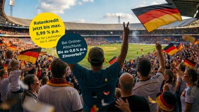 Ein Fußball-Stadion mit Blick leicht von oben auf das Spielfeld mit vielen Fans im Vordergrund, wobei eine Person stehend die Arme in die Höhe reckt und das Victory-Zeichen macht. Bis 5,99 % p.a. und mit Online-Zinsvorteil bis 0,6% p.a.