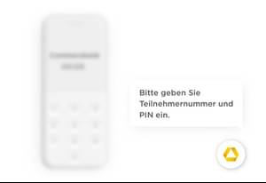 Ein weißes, kabelloses stationäres Telefon wird angezeigt. Ein Mitarbeiter der Commerzbank Serviceline fängt ein Gespräch an.