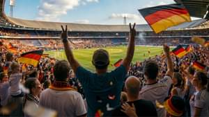 Ein Fußball-Stadion mit Blick leicht von oben auf das Spielfeld mit vielen Fans im Vordergrund, wobei eine Person stehend die Arme in die Höhe reckt und das Victory-Zeichen macht