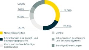 Gründe Berufsunfähigkeit: Nervenkrankheiten 31,88%, Erkrankungen Skelett- & Bewegungsapparat 20,33%, Krebs & weitere bösartige Geschwülste 17,77%, Unfälle 8,38%, Herz- & Gefäßsystemerkrankungen 7,03%, Sonstiges 14,58%